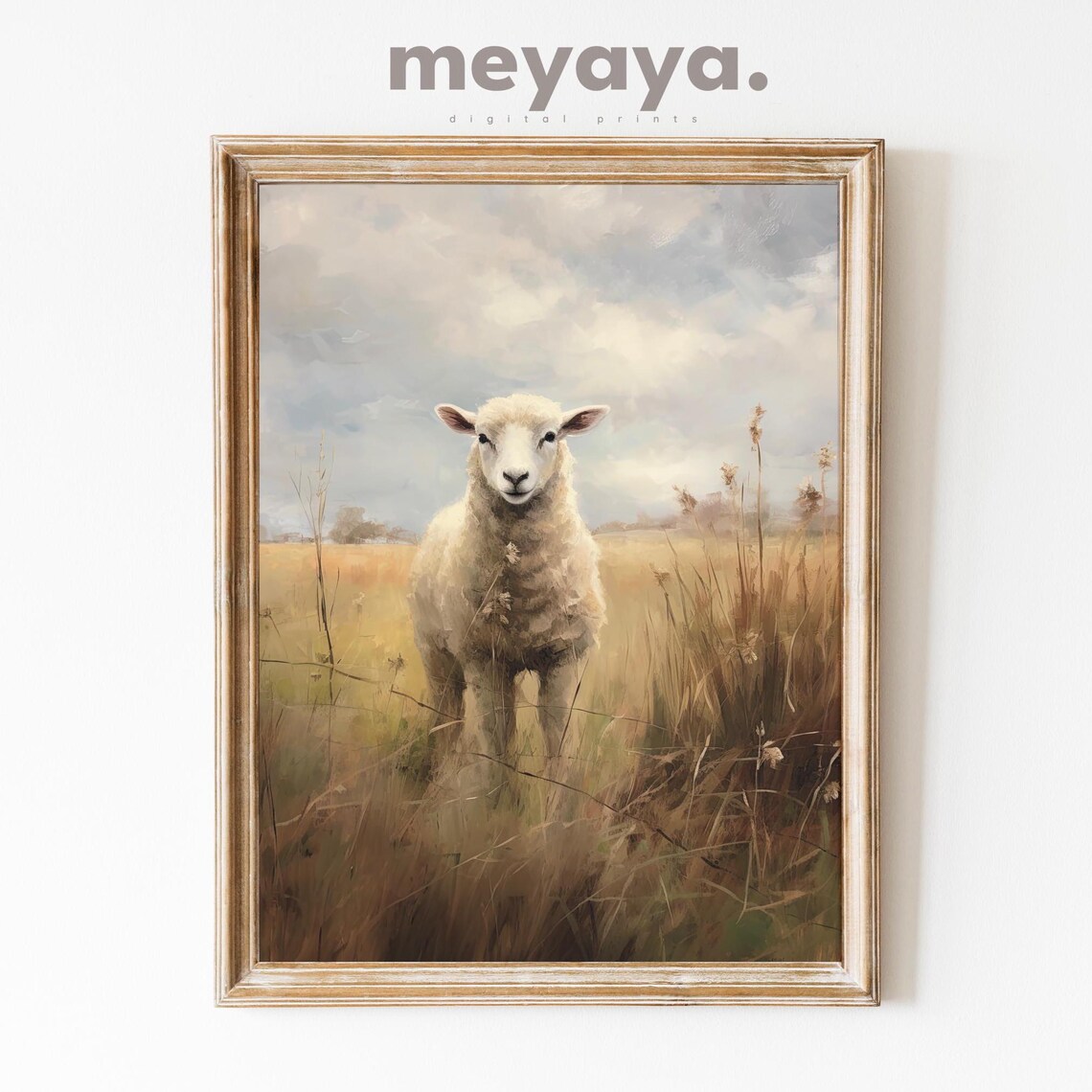 White Sheep Lamb Moody Field Vintage Oil Painting Wall Print