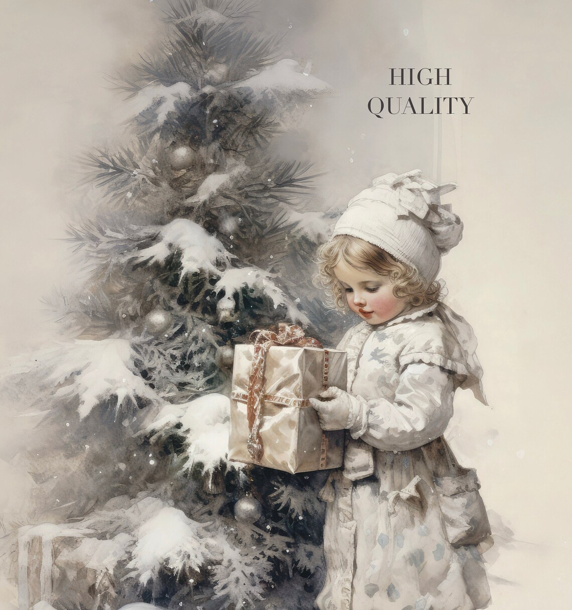 Little Girl With Christmas Gift Snowy Tree Vintage Holiday Poster - Image 6