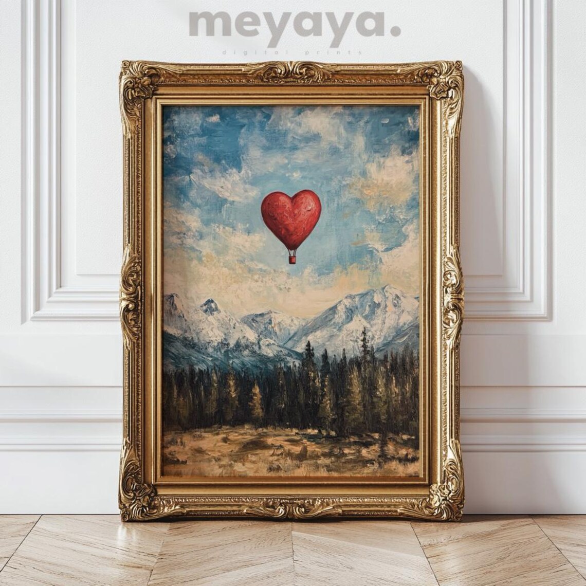 Red Heart Hot Air Balloon Over Moody Mountain Peaks Wall Print - Image 6