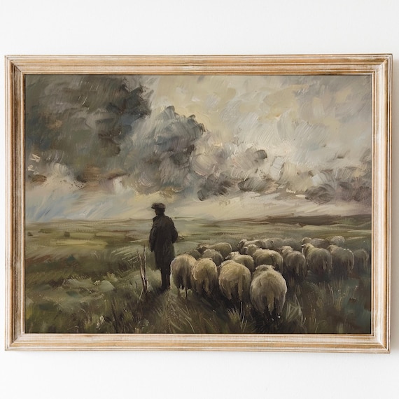 Shepherd With Sheep Flock Moody Pastoral Countryside Farm Poster