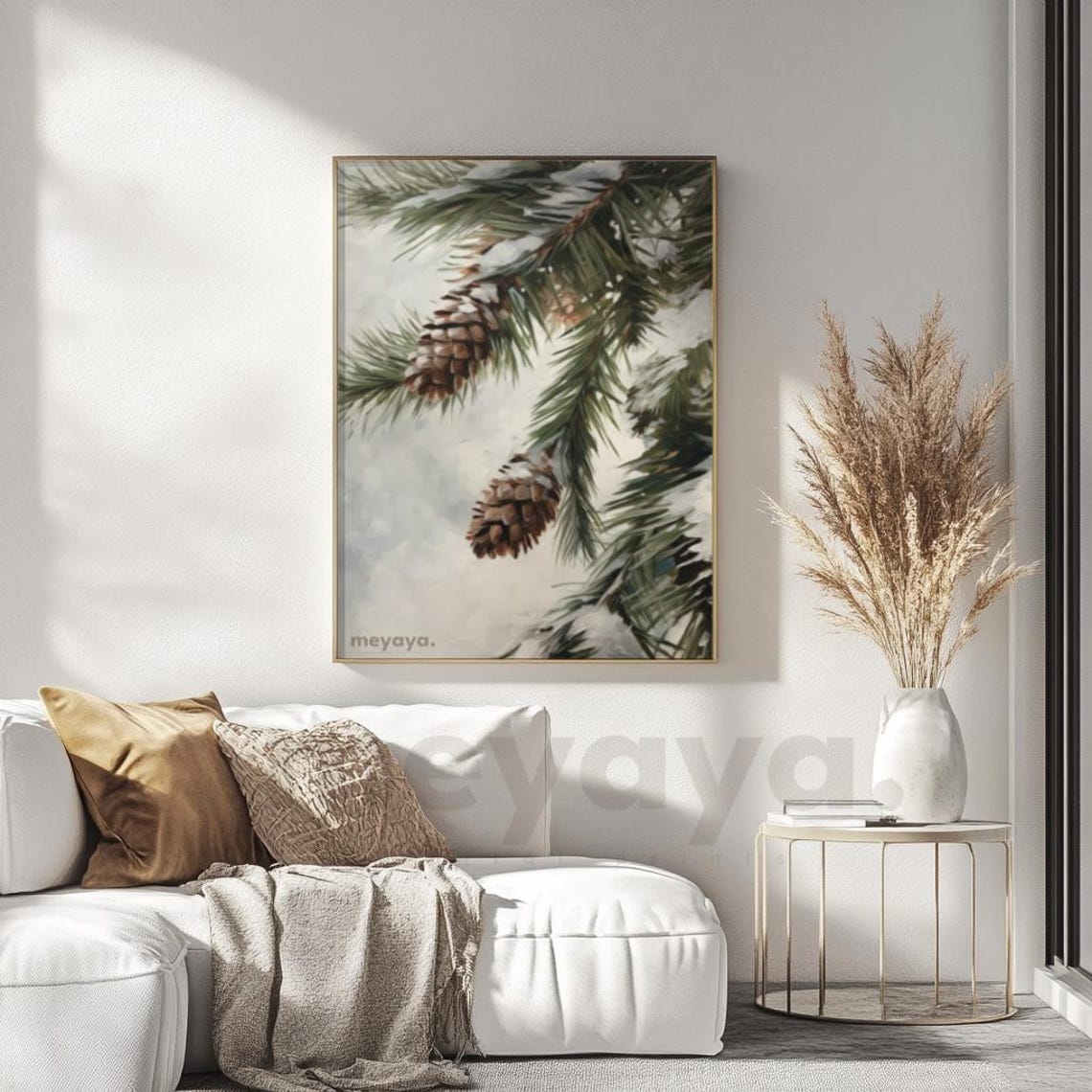 Snowy Pine Branches Pinecones Vintage Botanical Winter Painting Poster - Image 2