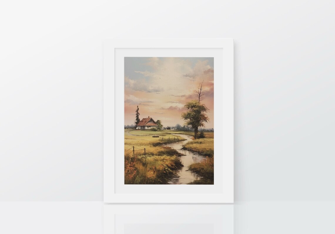 House In Countryside Wall Art Spring Meadow Farmhouse Decor Vintage Country Field Print Cottage Art Print River Painting Moody Wall Art - Image 2