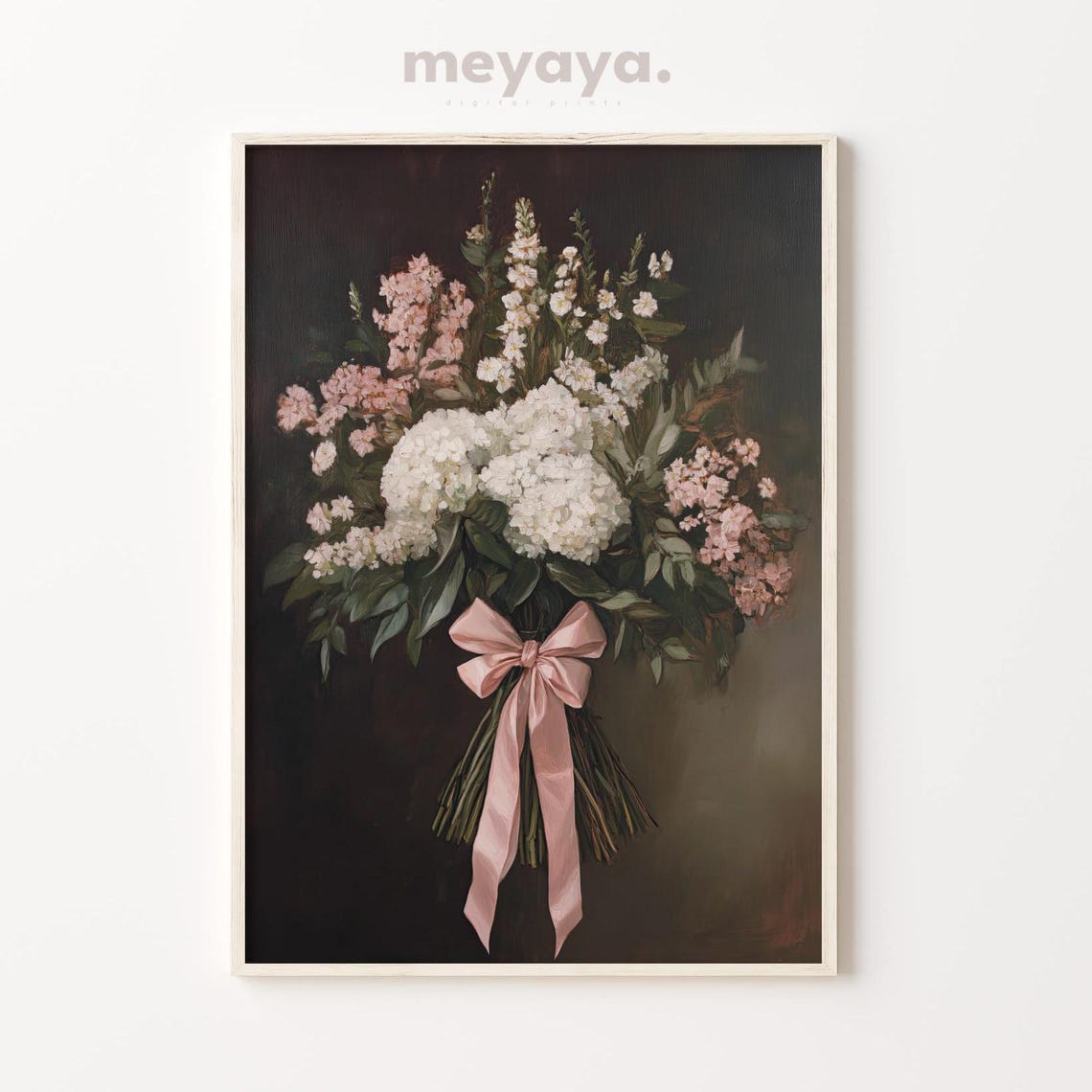 Pink Bow Flower Bouquet Dark Academia Vintage Romantic Wall Print - Image 2
