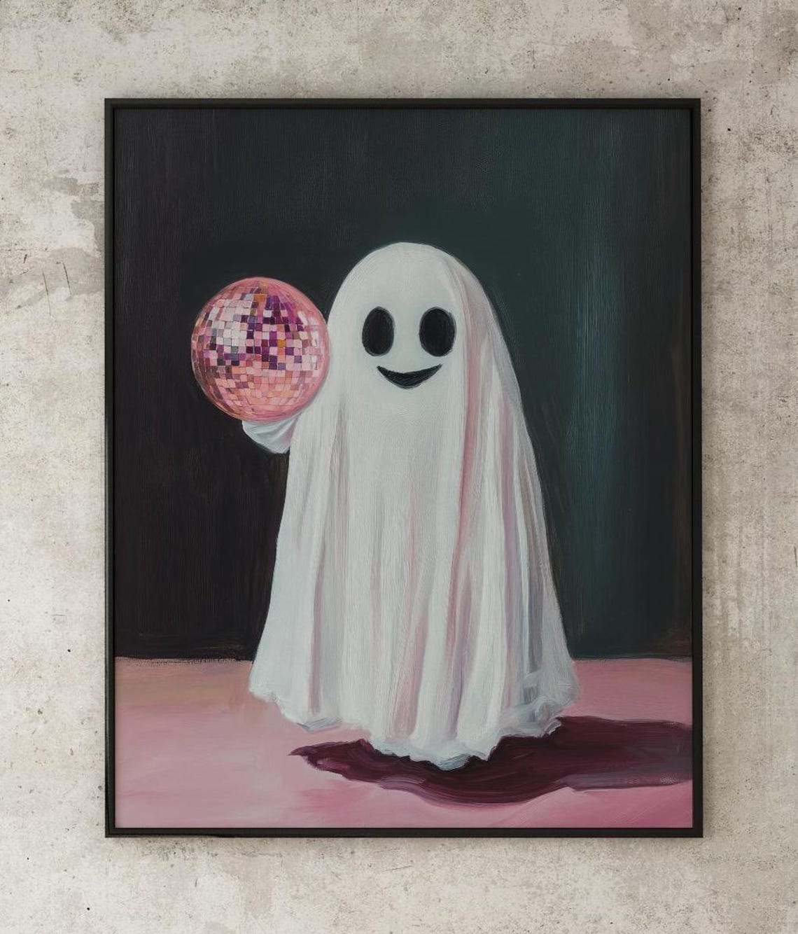 Cute Smiling Ghost Holding A Pink Disco Ball On Dark Background Poster - Image 3