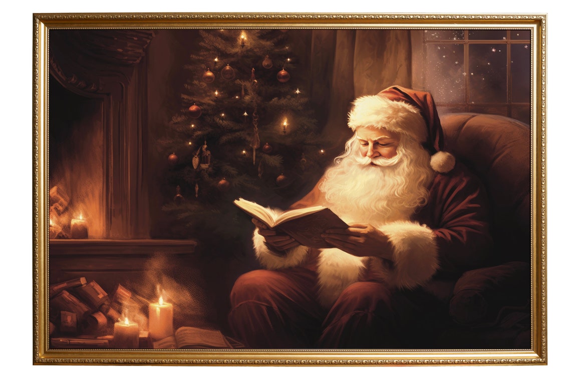 Santa Reading A Book Print Xmas Print Vintage Christmas Painting Moody Art Holiday Art Trendy Christmas Classic Santa Poster - Image 6