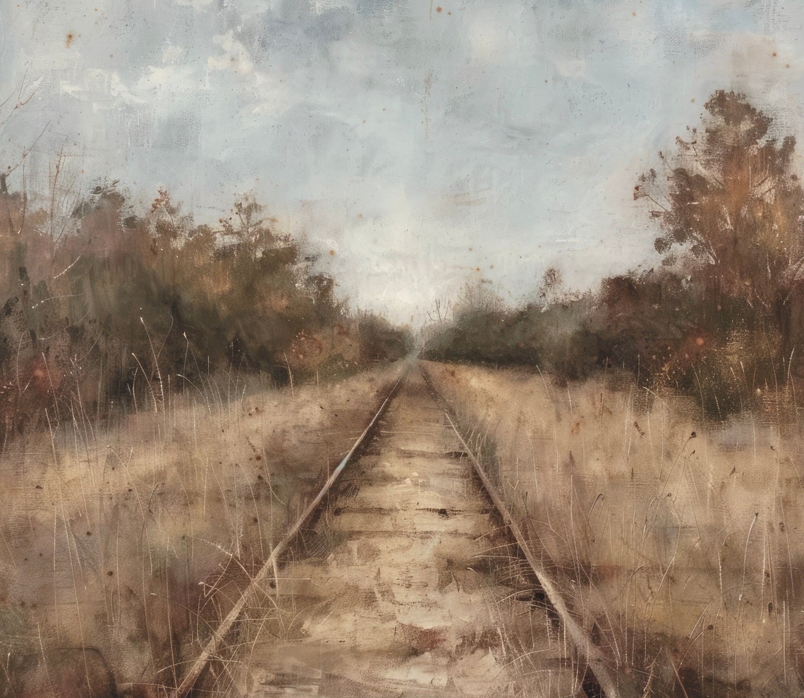 Railroad Landscape Print Moody Art Vintage Farmhouse Decor Neutral Wall Art Country Railroad Painting Meadow Painting Dark Academia - Image 6
