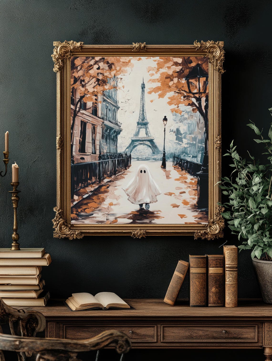 Cute Ghost Walking Toward Eiffel Tower On Autumn Paris Street Poster - Image 4