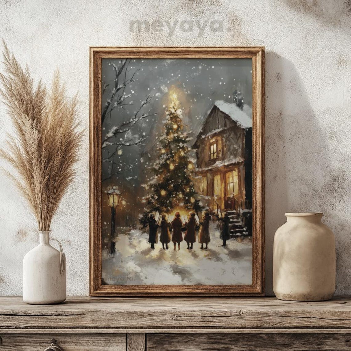 Christmas Carolers Candlelit Tree Snowy Night Vintage Poster - Image 2