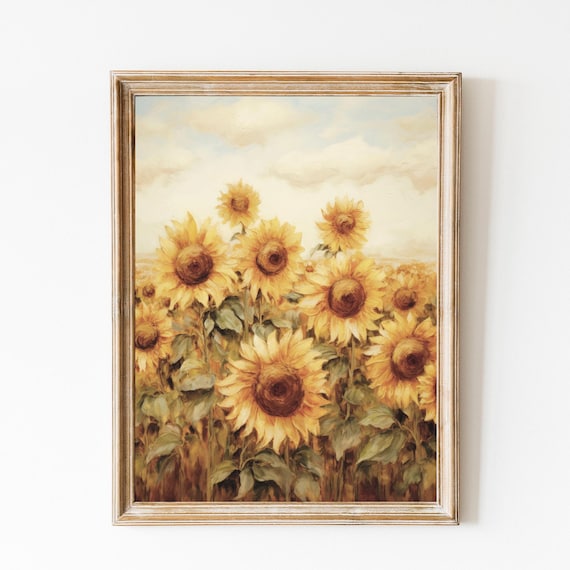Golden Sunflower Field Oil Painting Vintage Farmhouse Poster