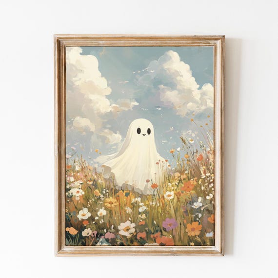 Cute Happy Floral Ghost Painting Ghoul Poster Boho Halloween Decor Spooky Decor Ghost Print Halloween Preppy Print Vintage Aesthetic