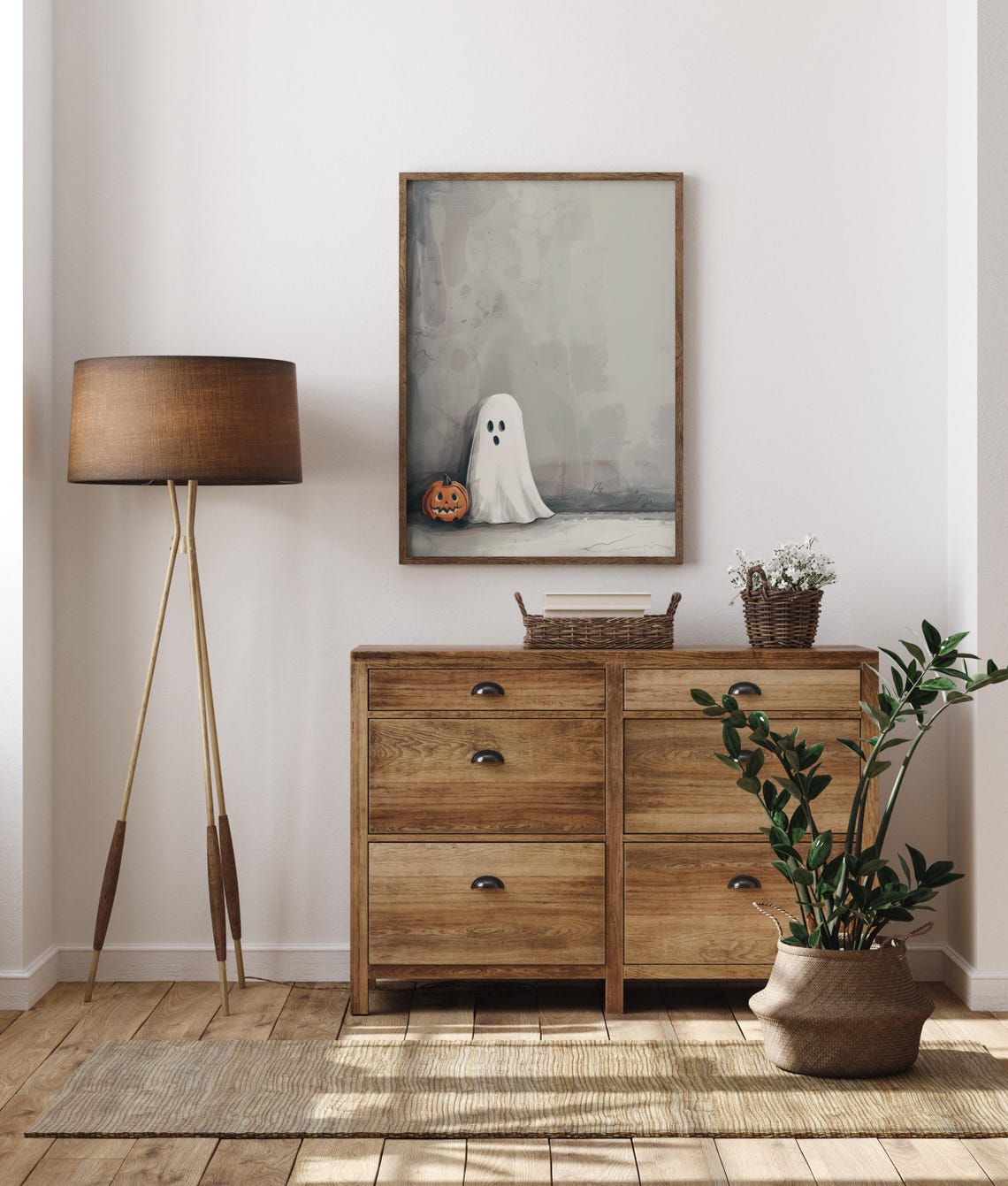 Cute Little Ghost Standing Next To A Jack O Lantern Painting Poster - Image 3