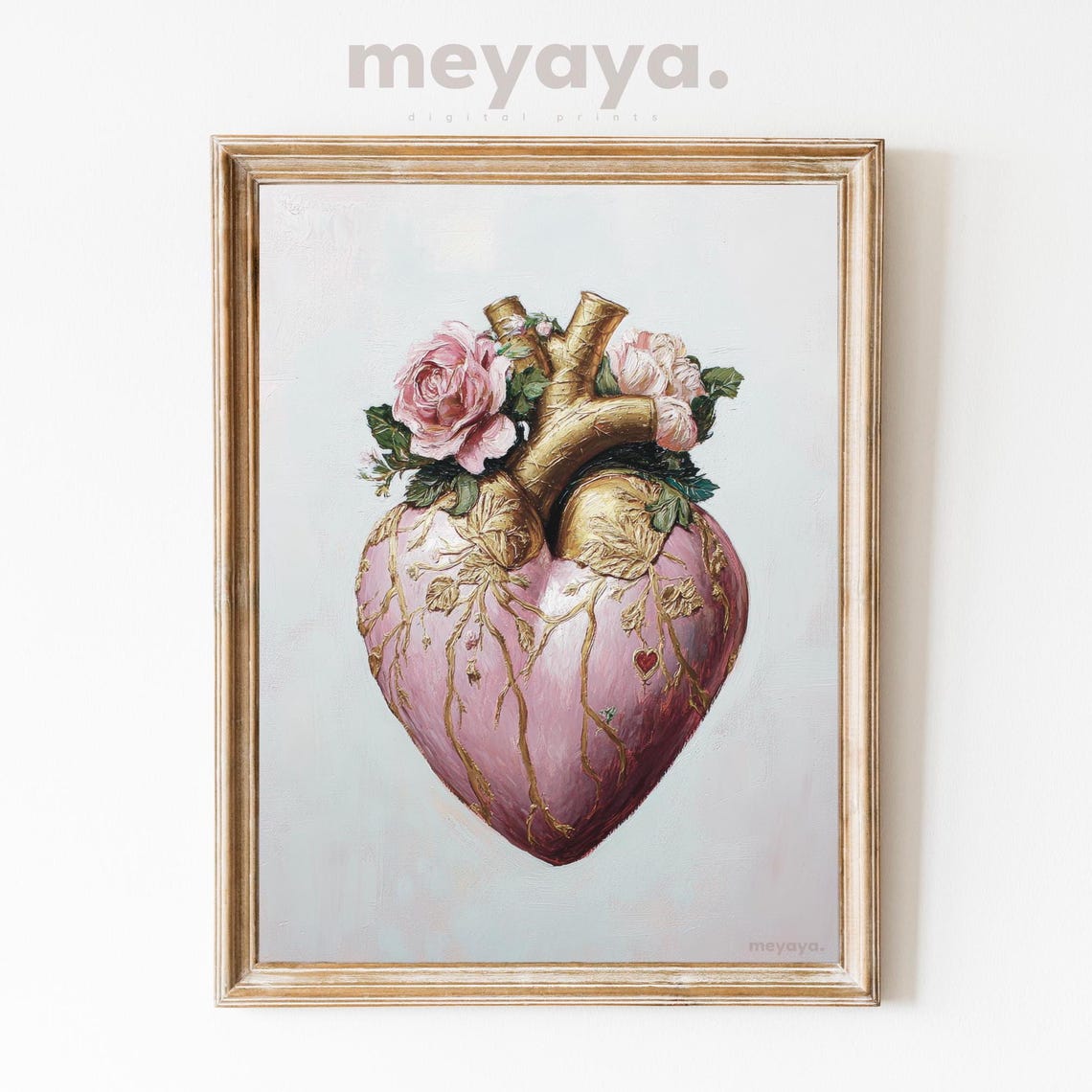 Pink Gold Anatomical Heart Roses Vintage Romantic Wall Print