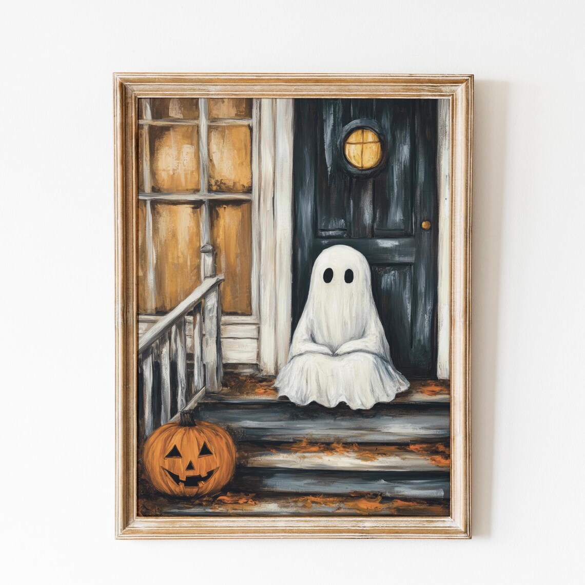 Cute Ghost Sitting On A Rustic Doorstep Next To A Jack O Lantern Poster