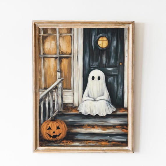 Halloween Ghost Seating On The Porch Pumpkin Print Halloween Decor Trendy Halloween Dark Academia Print Cute Spooky Season