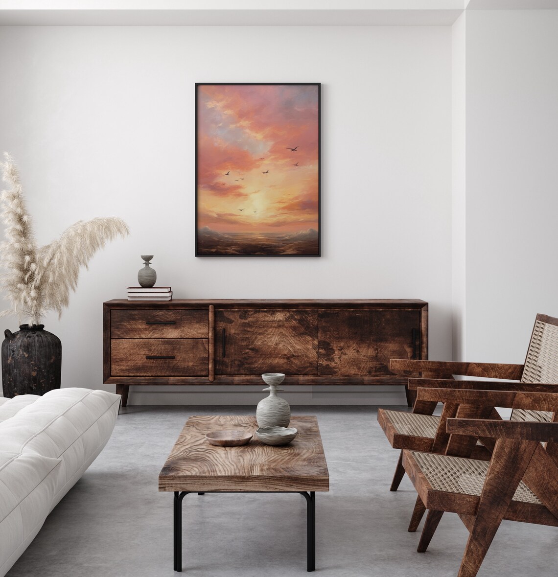 Pink Sunset Sky With Birds Seascape Oil Painting Romantic Poster - Image 4