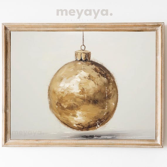 Golden Christmas Ornament Print Vintage Christmas Painting Moody Christmas Decor Festive Gold Holiday Decor Winter Wall Art Cottagecore