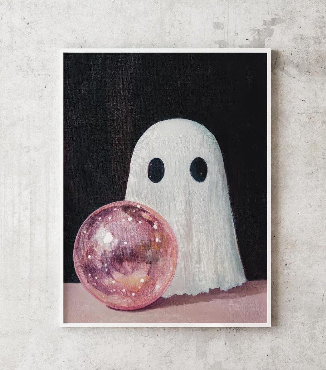 Cute Ghost Behind A Glowing Pink Crystal Ball On Black Poster - Image 4