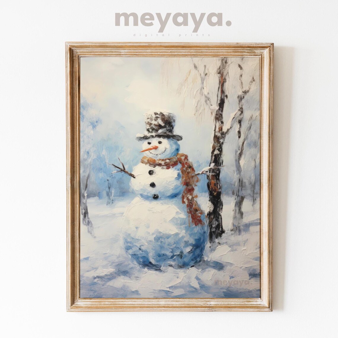 Vintage Snowman in Winter Woods Rustic Snowy Christmas Painting Poster