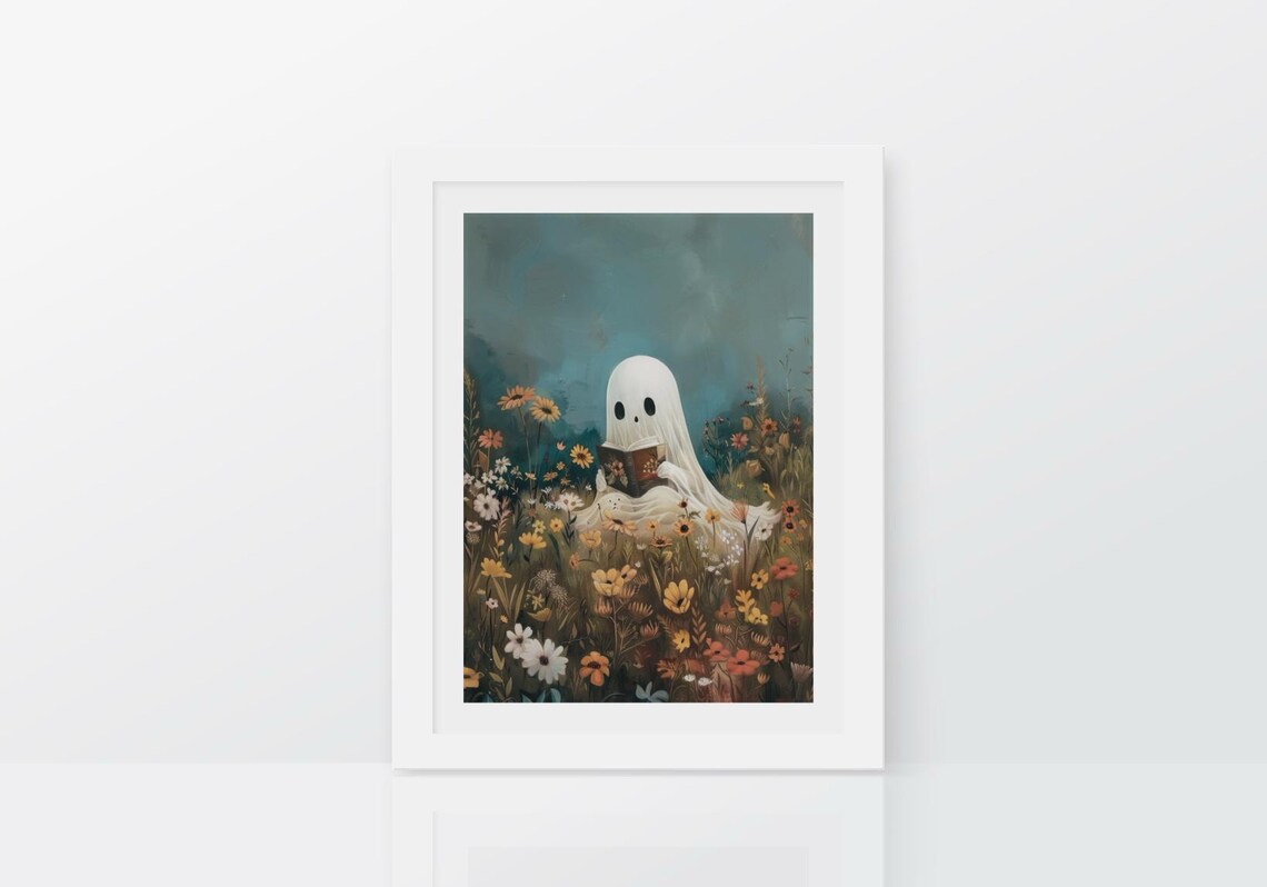 Cute Ghost Reading on Flower Field, Vintage Halloween Art - Image 4