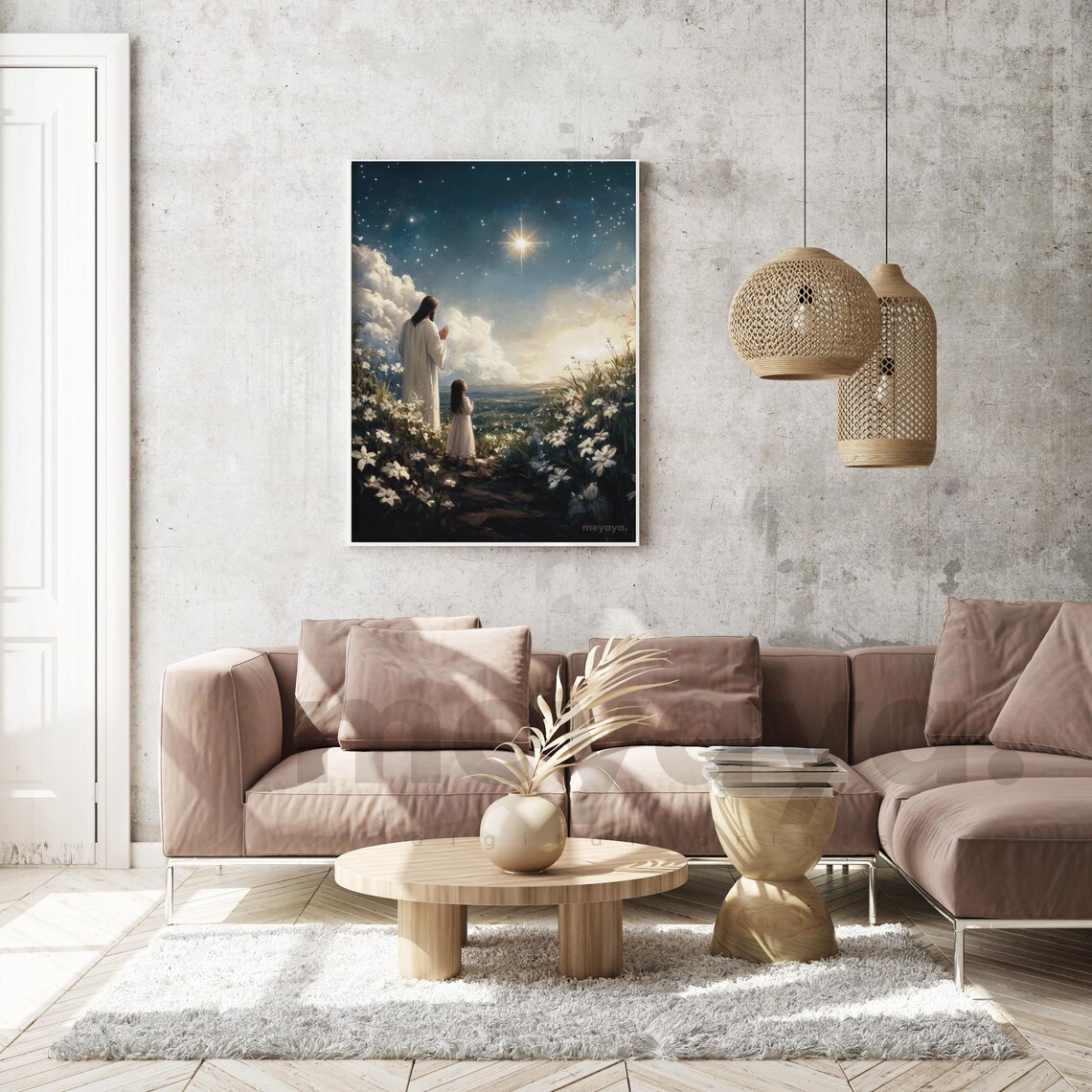 Jesus Girl Praying Bright Star Night Sky Floral Christian Poster - Image 4