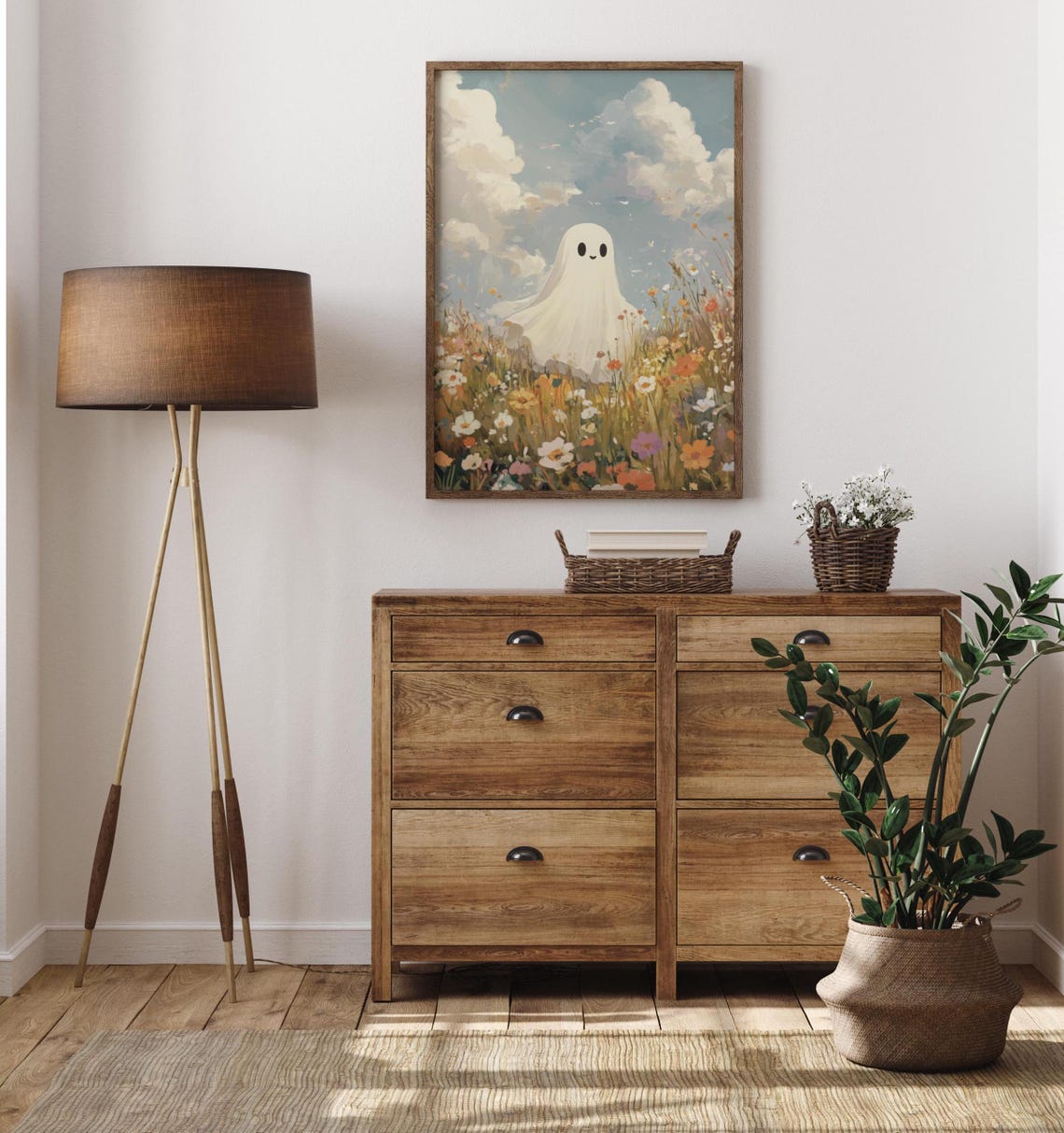 Smiling Ghost in Wildflower Meadow Bright Painting Wall Poster - Image 3