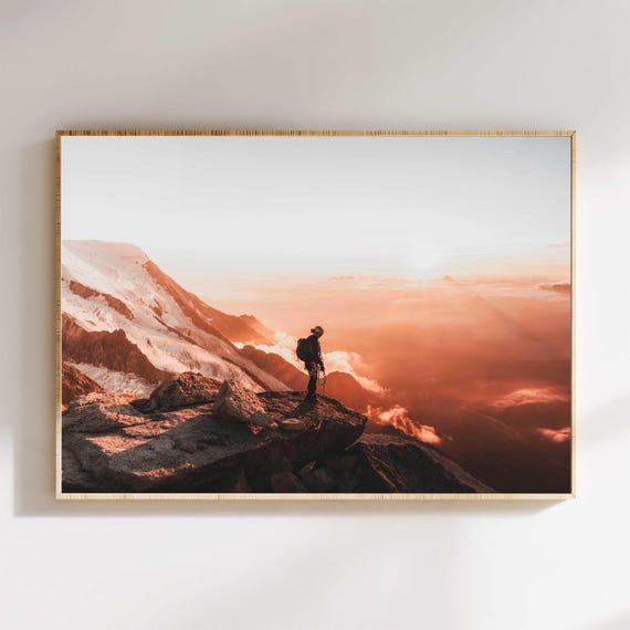 Mountain Climber At Sunset Wall Art Print Alpine Adventure Photography Dramatic Sunset Landscape Nature Decor For Home Or Office