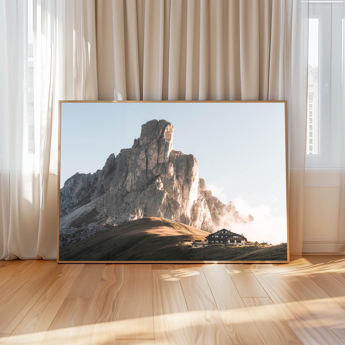 Dolomites Rocky Cliffs with Alpine Hut in Morning Light Poster - Image 5