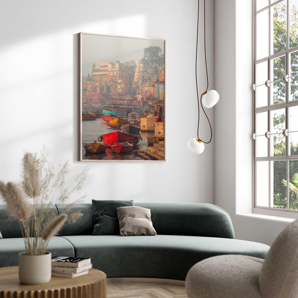 Colorful Boats and Temples on the Varanasi Riverfront Poster - Image 2