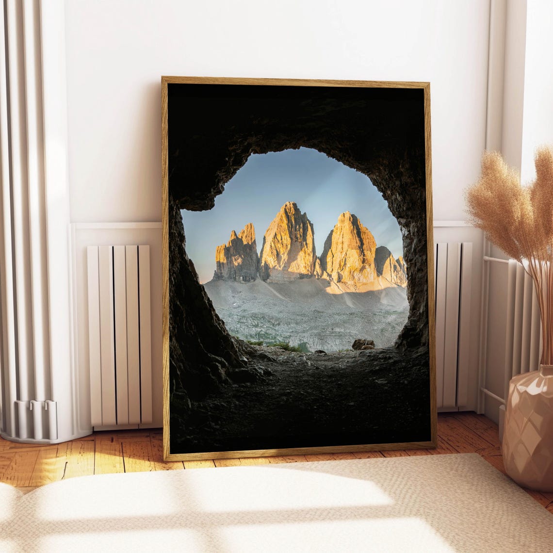 Tre Cime di Lavaredo Cave Window Sunrise Golden Peaks Italy Poster - Image 4