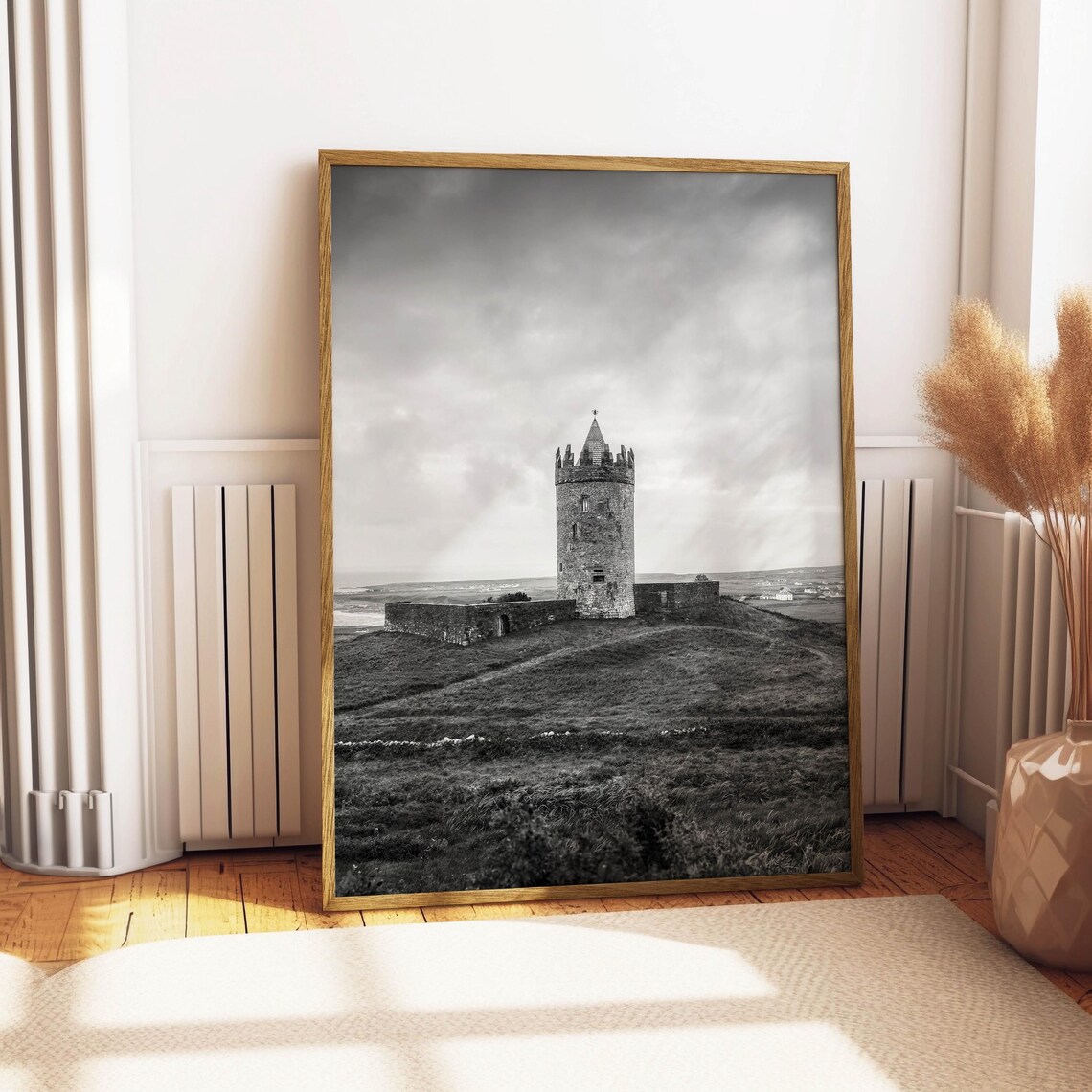 Medieval Stone Castle on Green Hillside Black White Photo Poster - Image 4