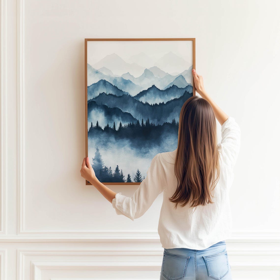 Navy Blue Layered Mountain Watercolor Misty Peaks Modern Wall Poster - Image 4
