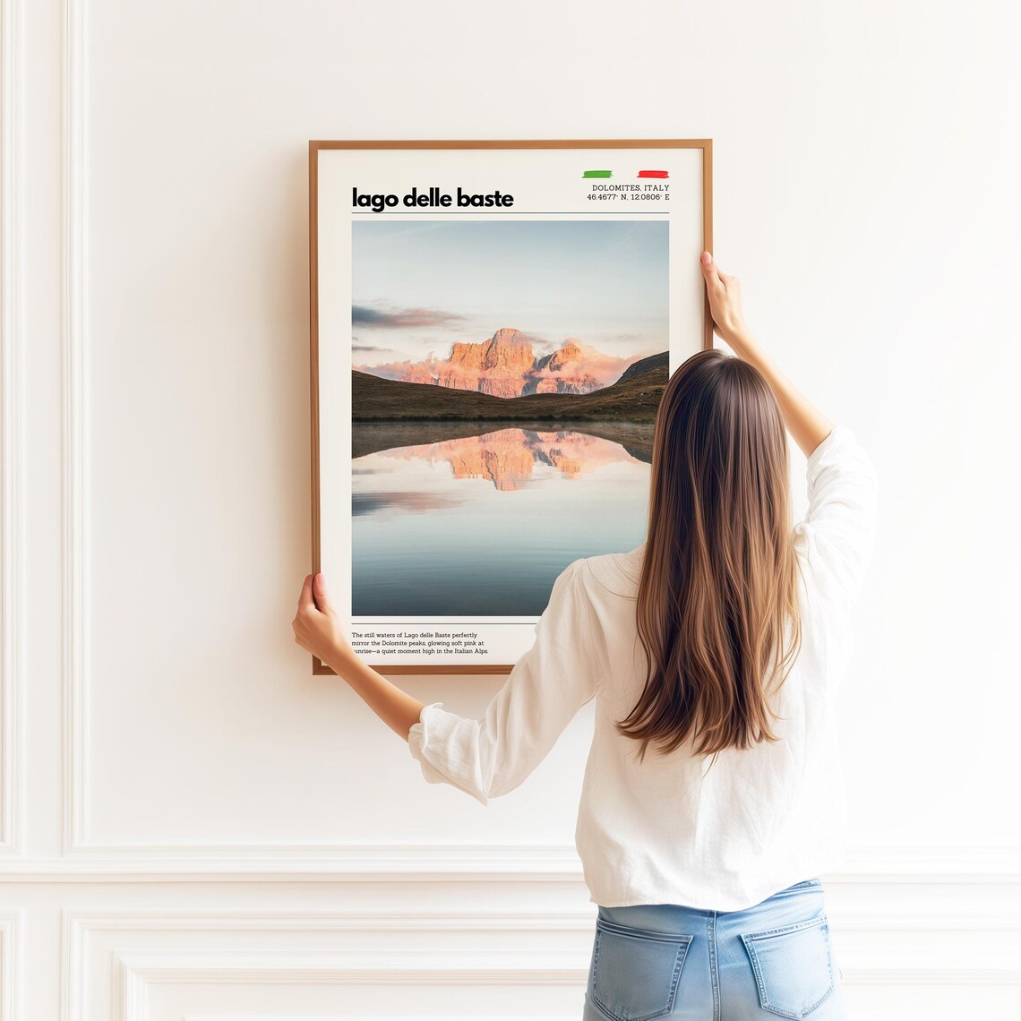 Lago delle Baste Dolomites Sunrise Mirror Lake Pink Glow Poster