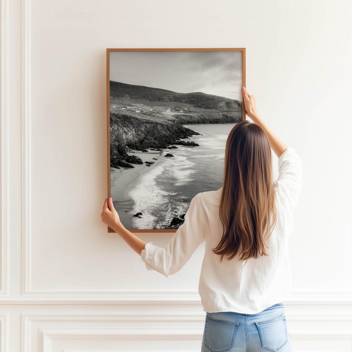 Black and White Rocky Beach Waves Crashing Coastal Photo Poster - Image 3