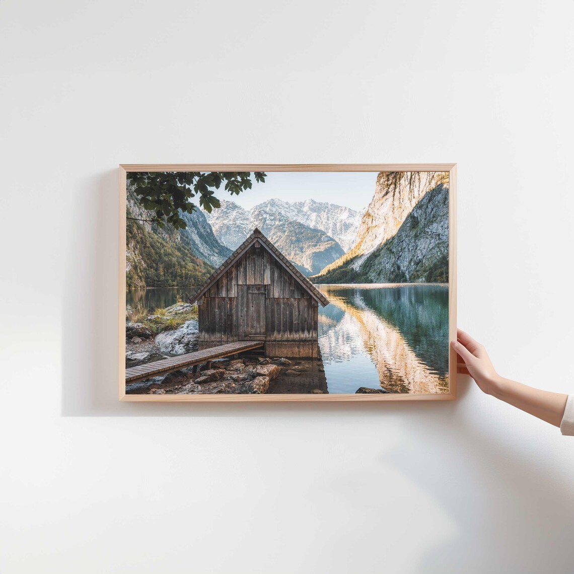 Wooden Boathouse on a Mountain Lake with Peak Reflections Poster - Image 2