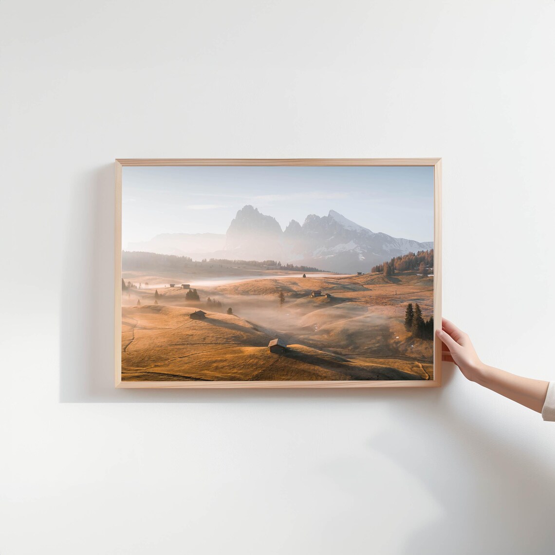Misty Mountain Valley with Cabins in Soft Morning Light Poster - Image 2