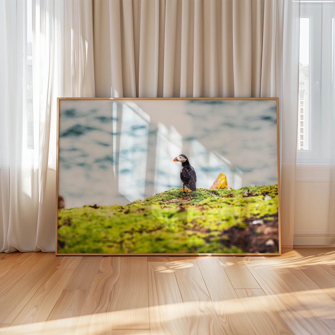 Atlantic Puffin Perched on Mossy Cliff Overlooking the Ocean Poster - Image 4