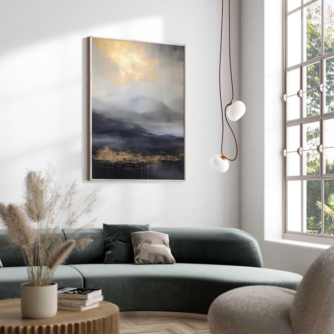 Misty Dark Blue Mountain Abstract Landscape with Gold Light Poster - Image 3