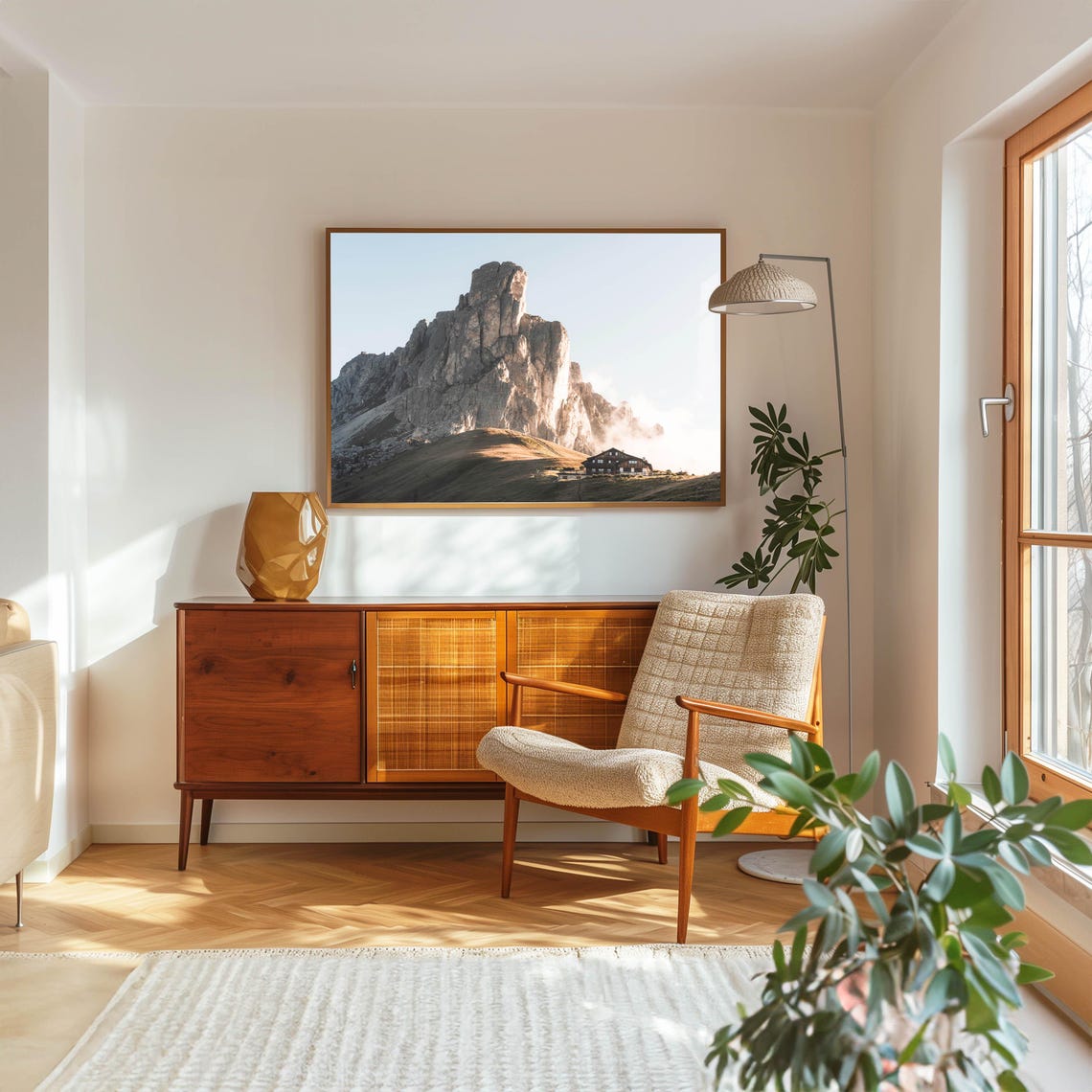 Dolomites Rocky Cliffs with Alpine Hut in Morning Light Poster - Image 2