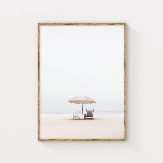 Beach Umbrella Two Chairs White Sand Minimalist Coastal Photo Poster