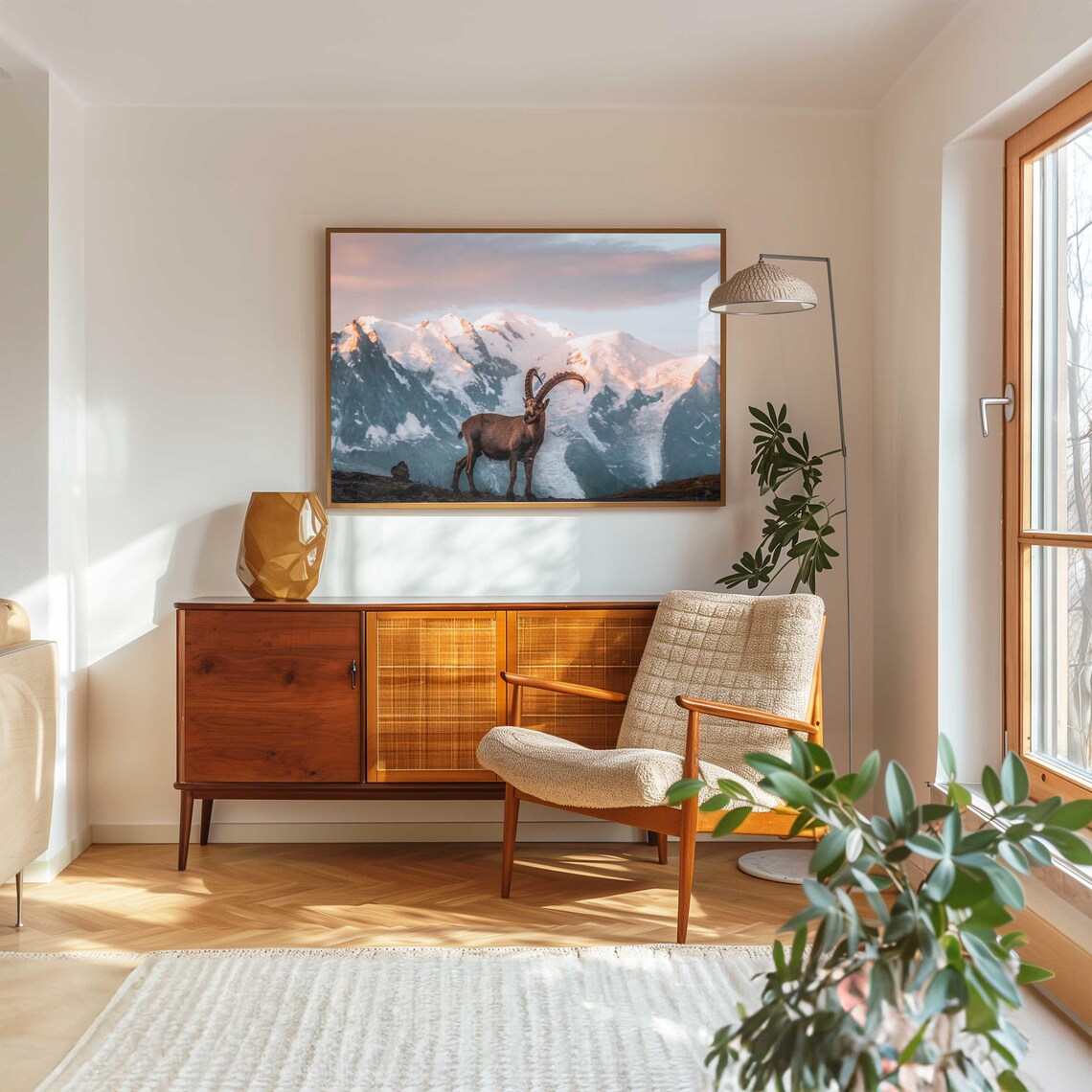 Alpine Ibex with Curved Horns Before Snowy Peaks at Sunrise Poster - Image 5