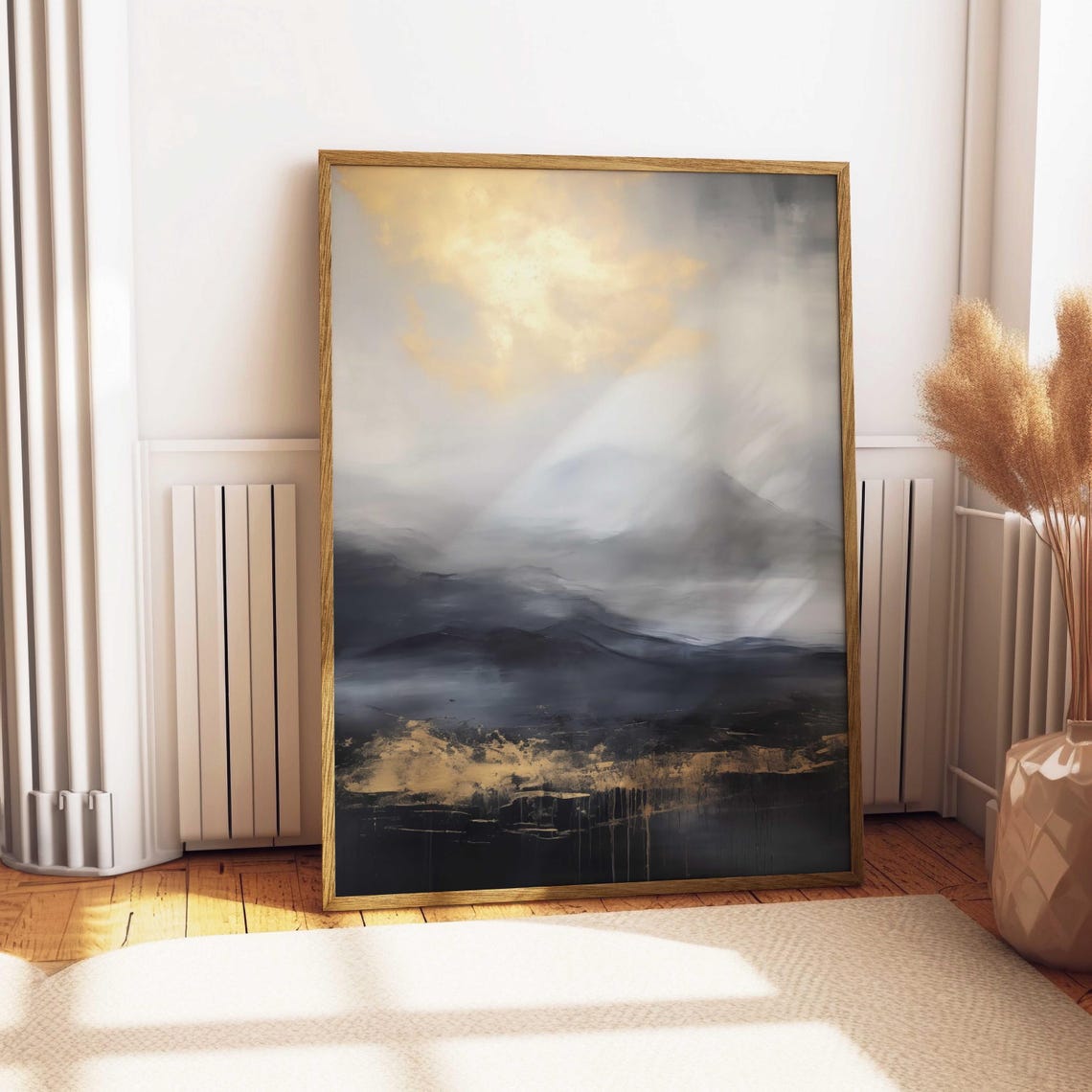 Misty Dark Blue Mountain Abstract Landscape with Gold Light Poster - Image 5