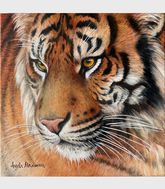 Tiger Face Close Up Intense Amber Eyes Realistic Acrylic Painting Poster