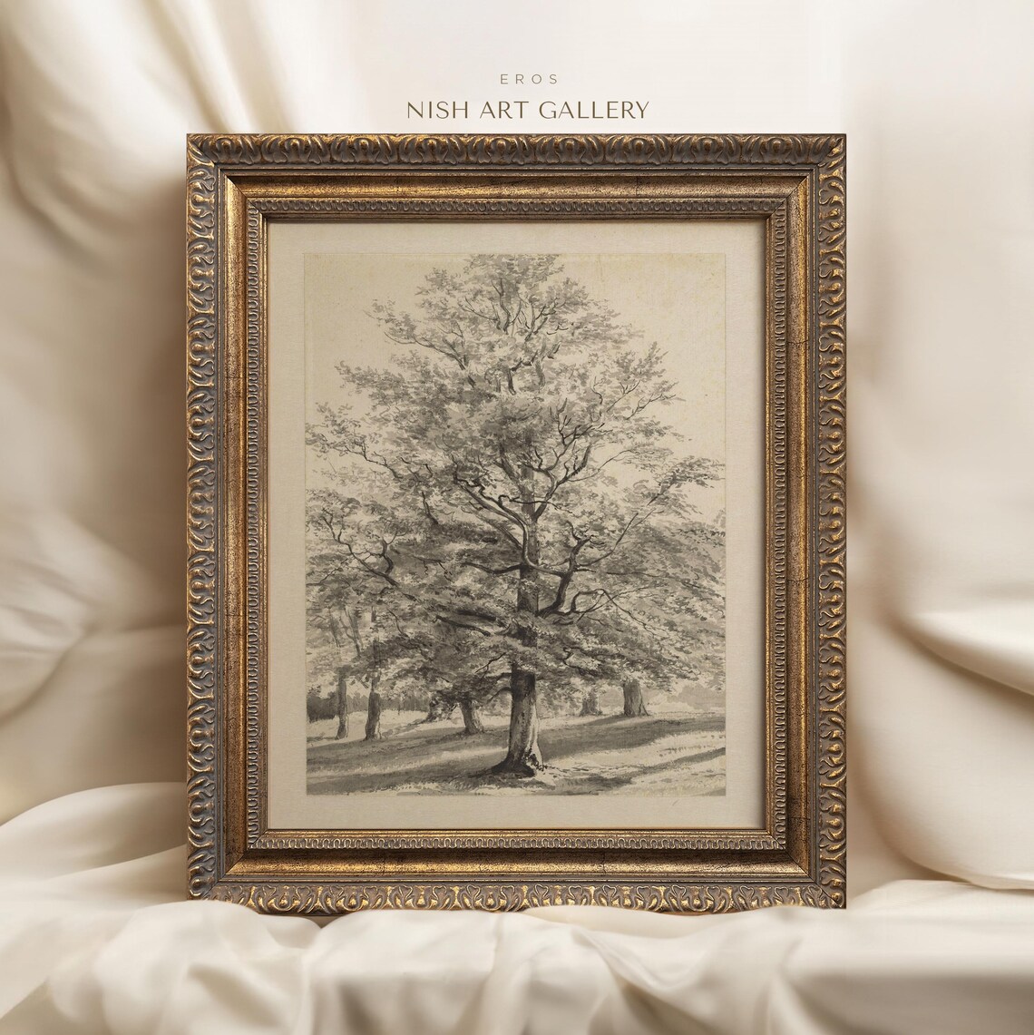 Vintage Tree Sketch Landscape, Gold Frame Art Print