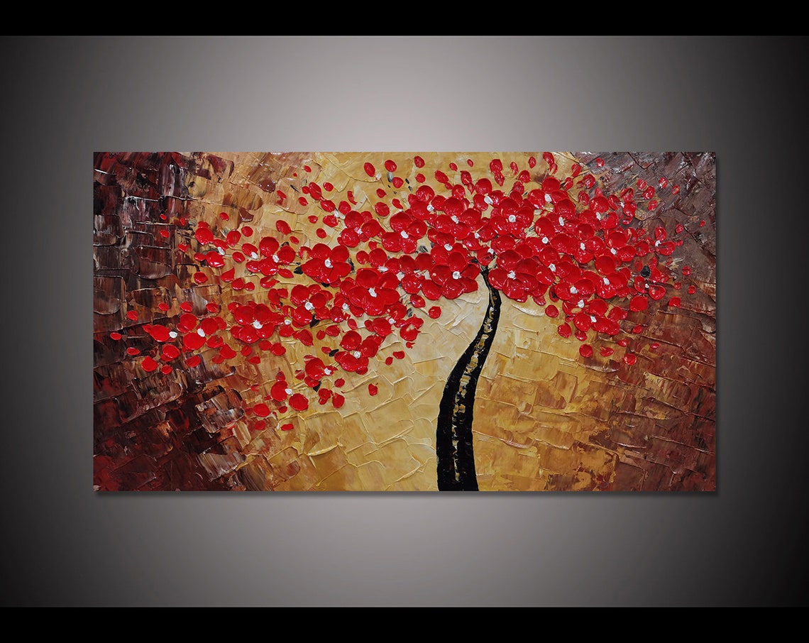 Bold Red Blossom Tree on Bronze Palette Knife Warm Floral Poster