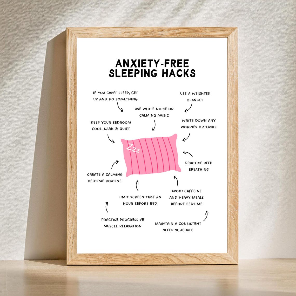 Anxiety Free Sleeping Hacks Pink Pillow Wellness Guide Poster