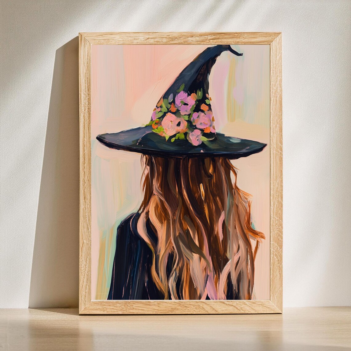 Preppy Pink Halloween Witch Hat with Flowers Watercolor Poster
