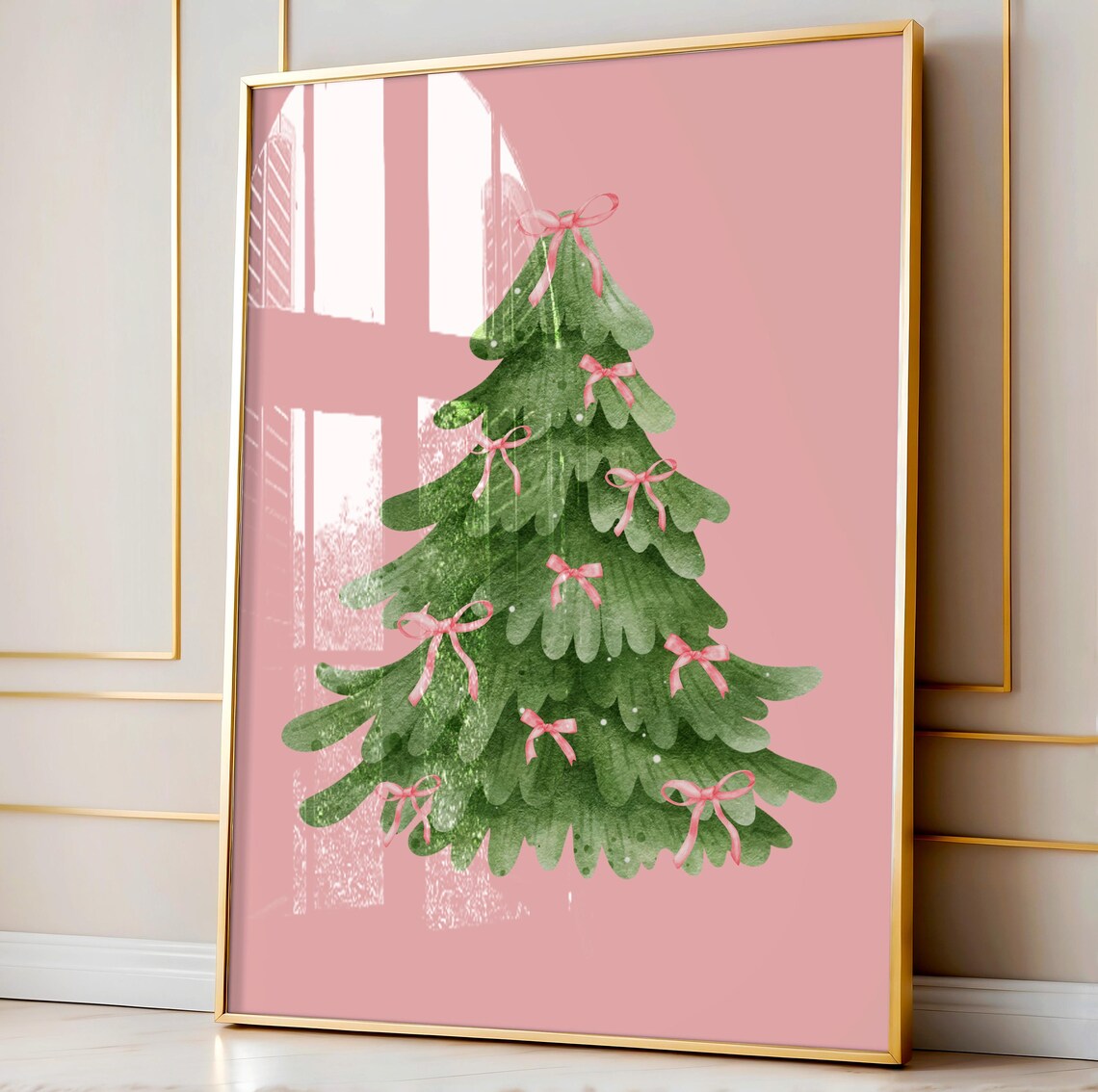 Coquette Pink Bow Christmas Tree Watercolor Girly Holiday Art Poster