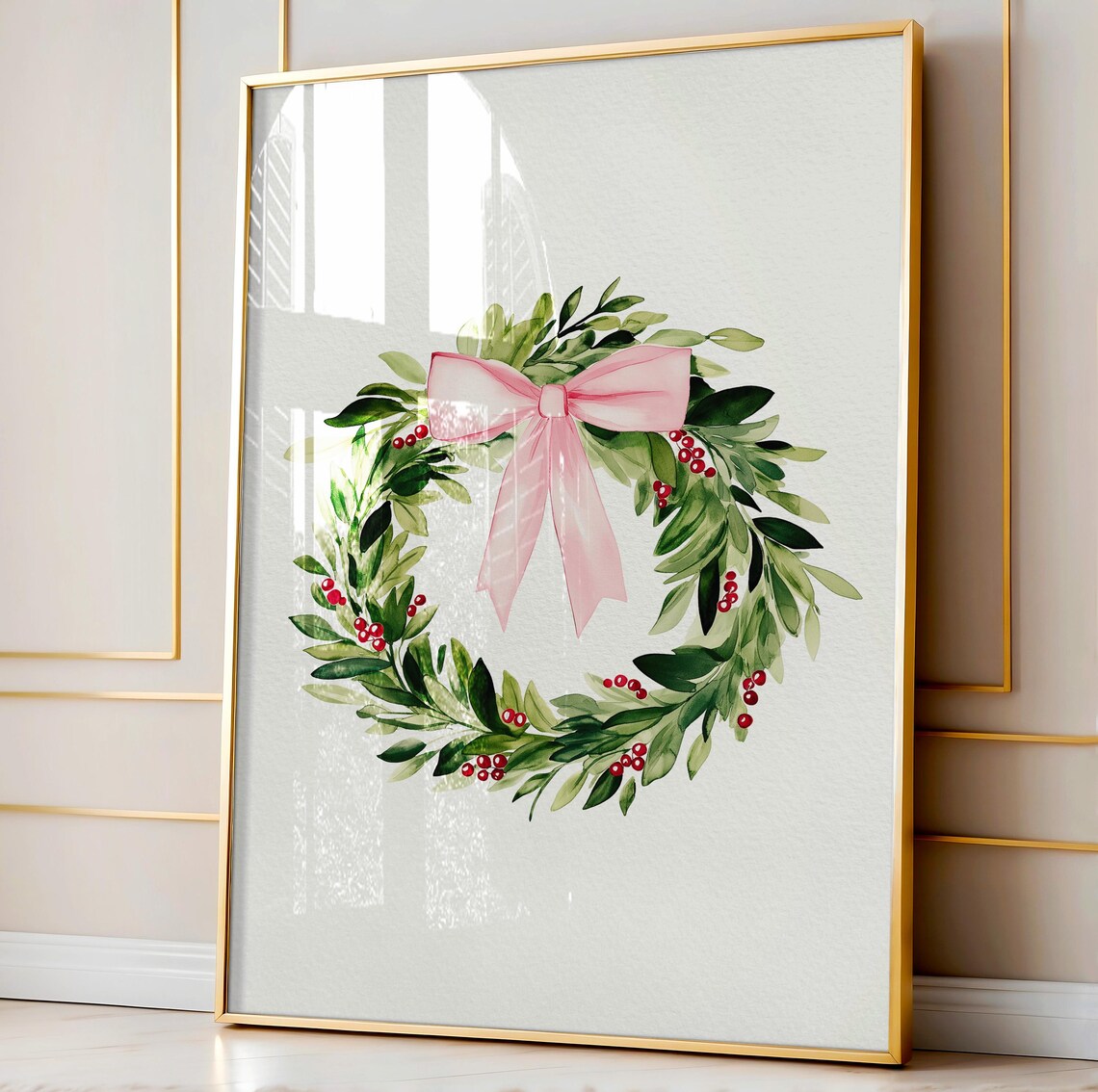 Pink Bow Christmas Wreath Watercolor Coquette Holiday Art Poster