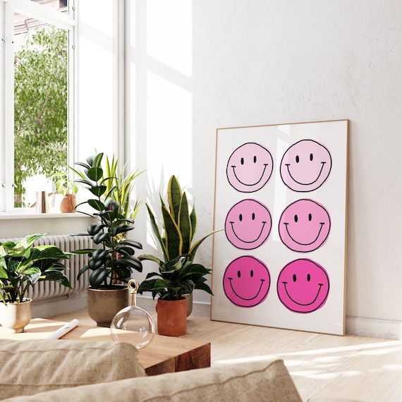 Happy Pink Smiley Faces Grid Cheerful Retro Pop Art Room Poster