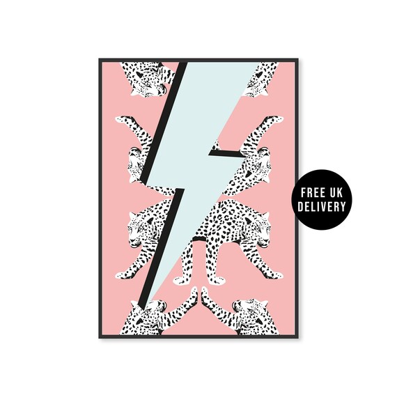 Pastel Pink Leopard Pink Blue Lightning Bolt Bedroom Pop Art Poster
